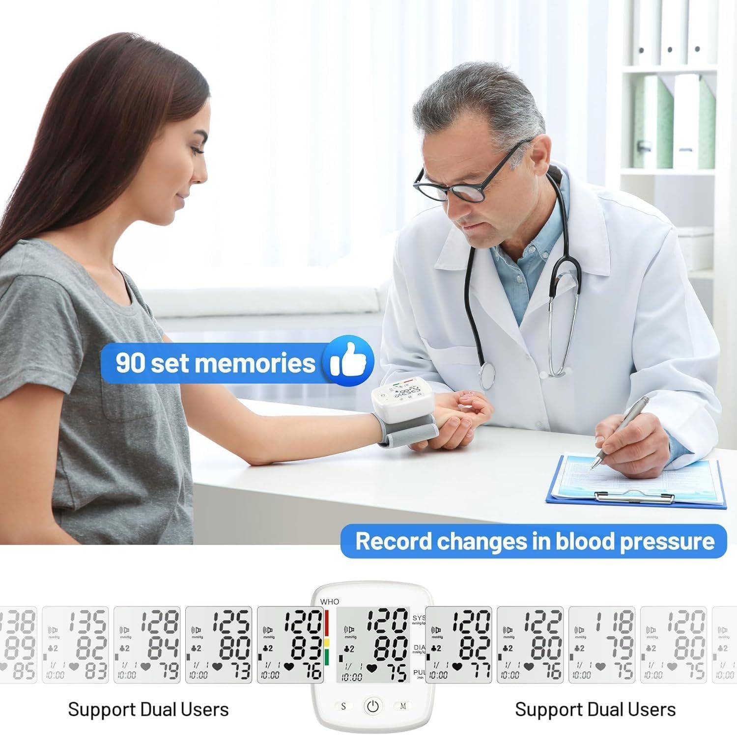 Wrist Blood Pressure Monitor Adjustable Automatic Wrist Cuff Voice Broadcast With 2 Users 180 Memory, Rechargeable Blood Pressure Monitors