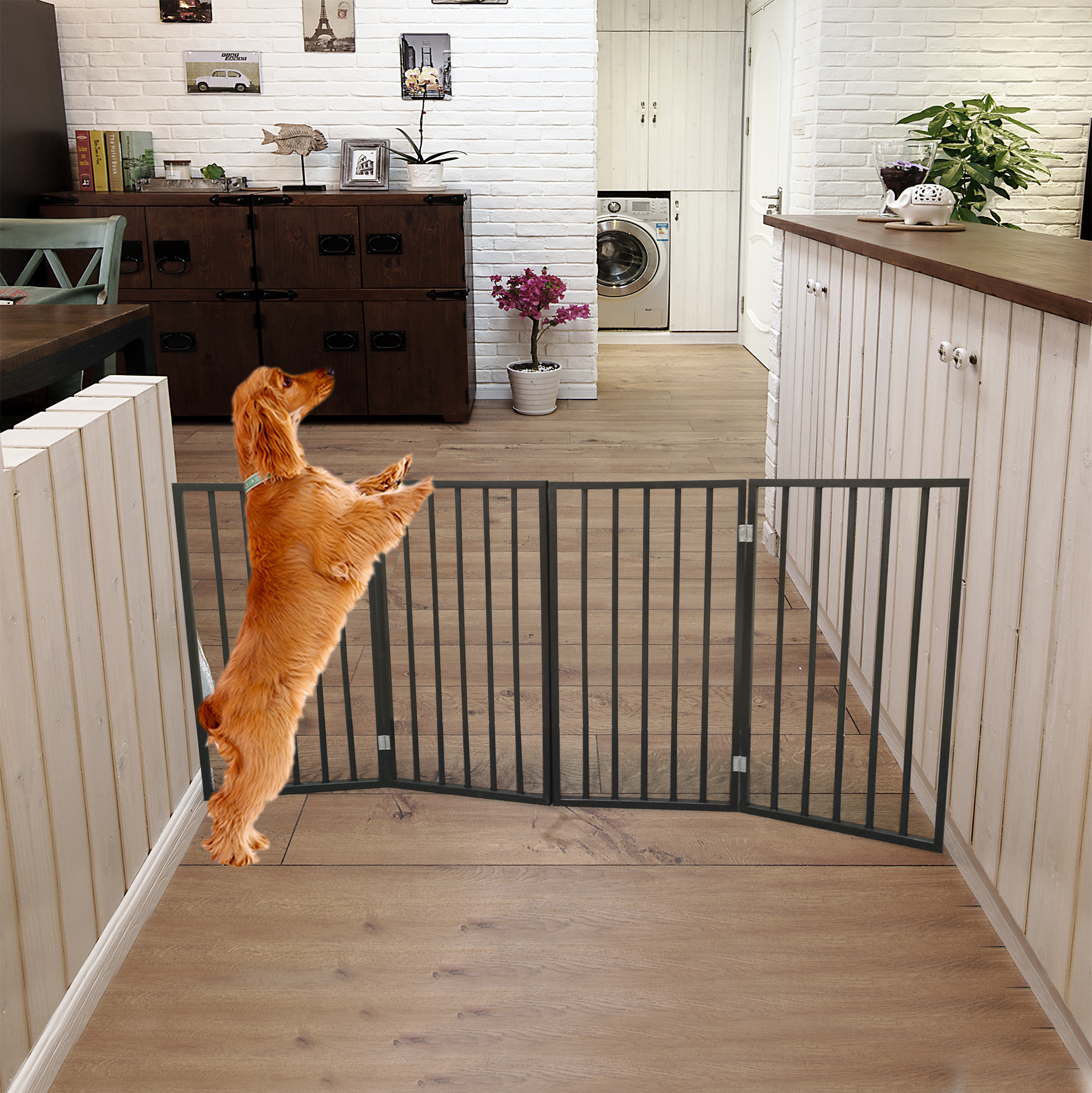 Pet Gate - Dog Gate For Doorways, Stairs Or House - Freestanding, Folding, Brown, Arc Wooden-Nice Design