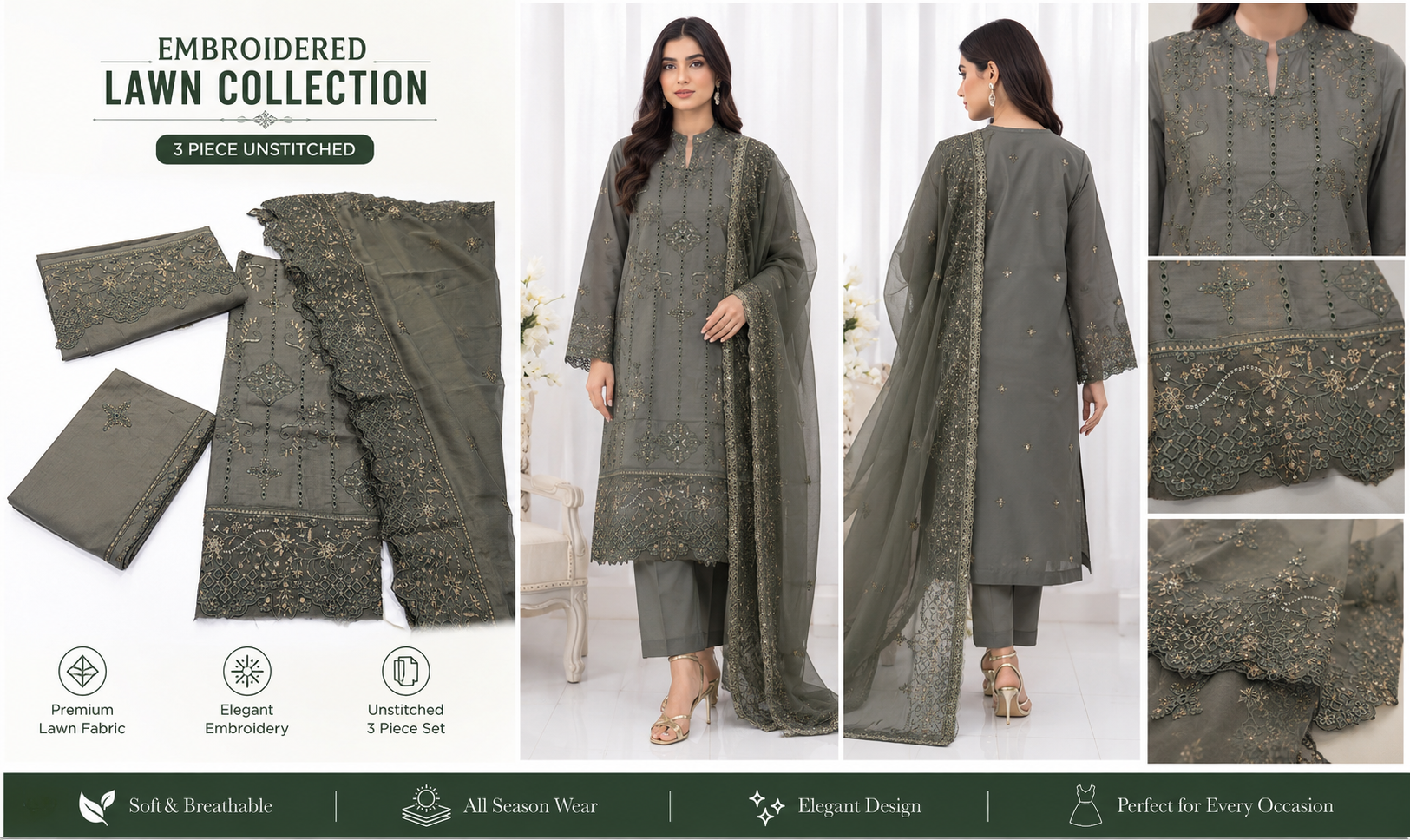 Elegant Pakistani/Indian Style Unstitched Lawn Suit for Women-3 PCS  Embroidery Suit
