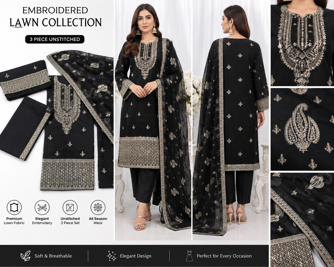 Elegant Pakistani/Indian Style Unstitched Lawn Suit for Women-3 PCS  Embroidery Suit