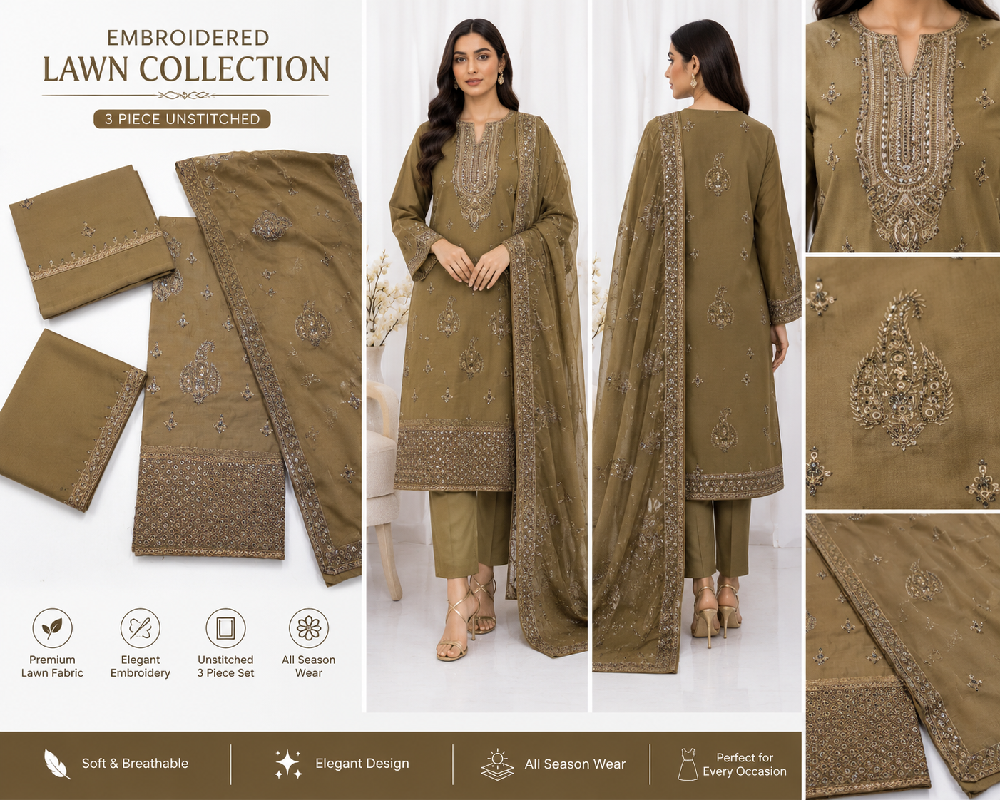 Elegant Pakistani/Indian Style Unstitched Lawn Suit for Women-3 PCS  Embroidery Suit