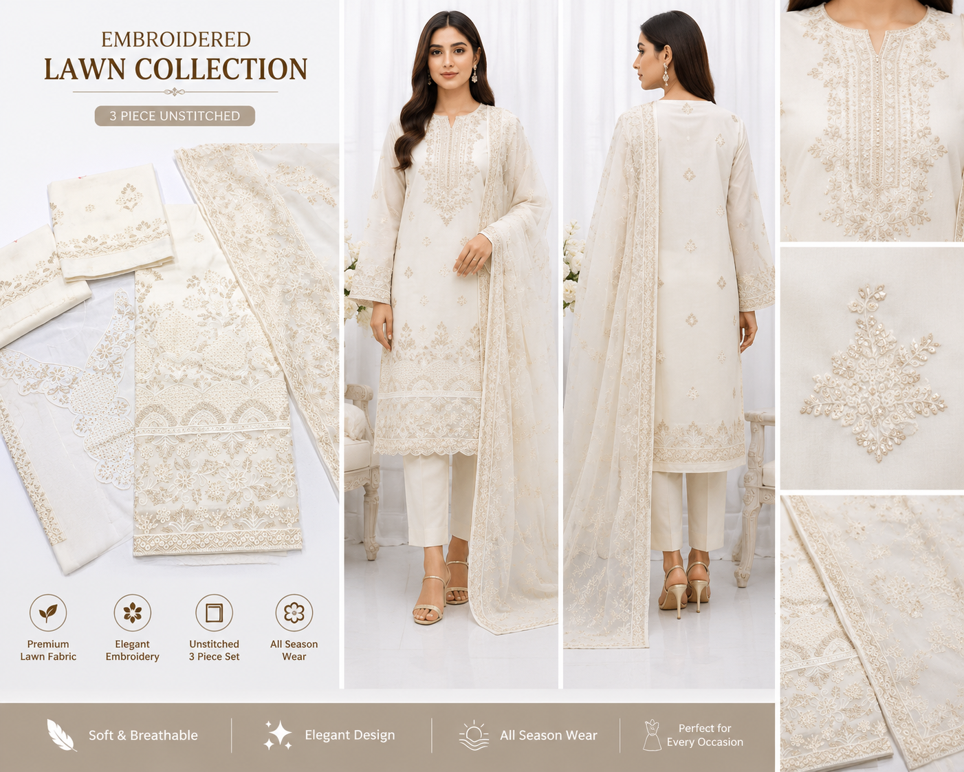 Elegant Pakistani/Indian Style Unstitched Lawn Suit for Women-3 PCS  Embroidery Suit