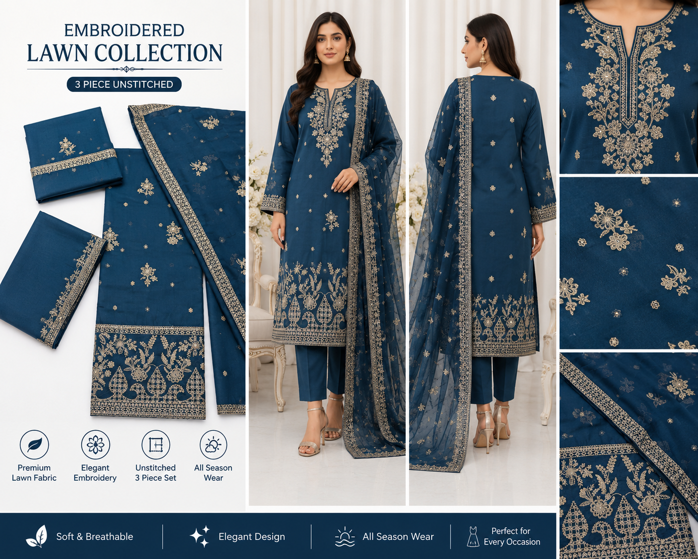 Elegant Pakistani/Indian Style Unstitched Lawn Suit for Women-3 PCS  Embroidery Suit