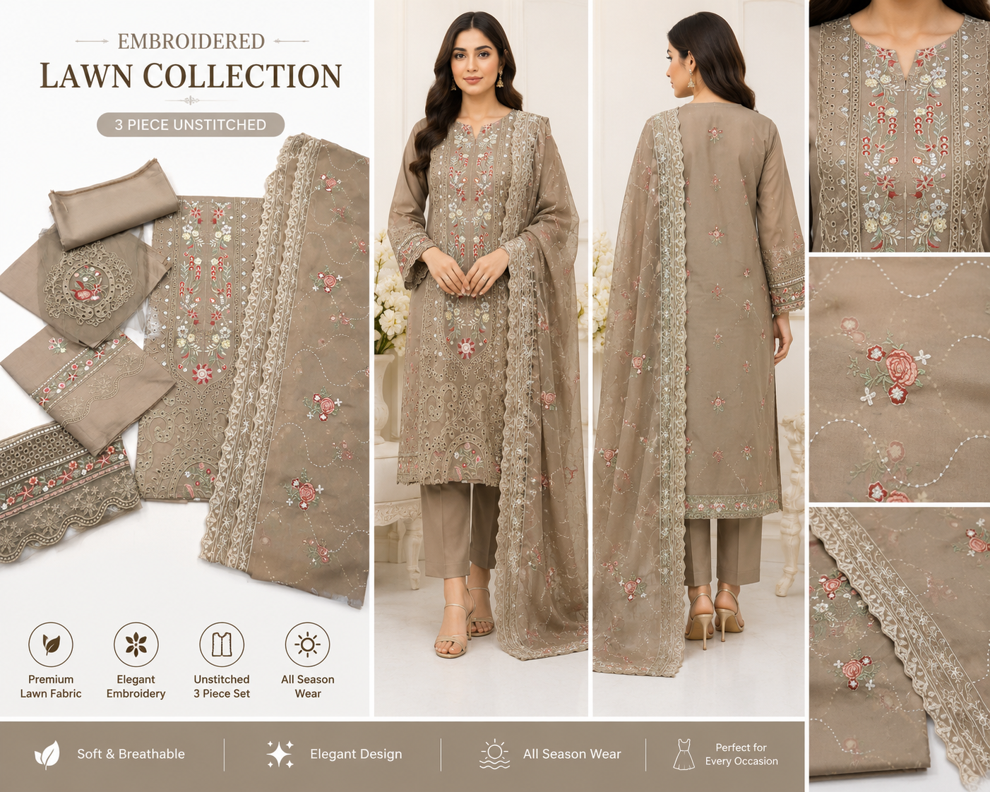 Elegant 3-piece embroidered lawn suit featuring premium fabric, detailed embroidery, and a matching dupatta