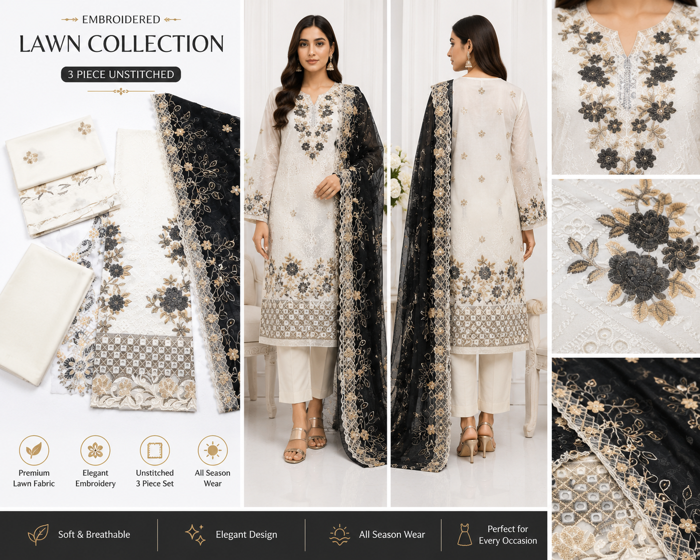 Elegant 3-piece embroidered lawn suit featuring premium fabric, detailed embroidery, and a matching dupatta
