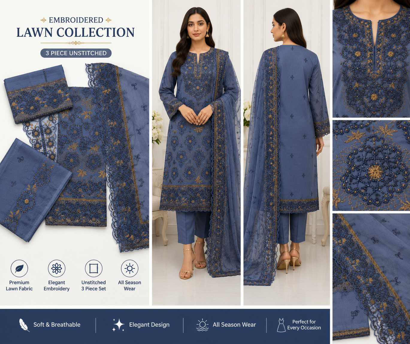 Elegant 3-piece embroidered lawn suit featuring premium fabric, detailed embroidery, and a matching dupatta