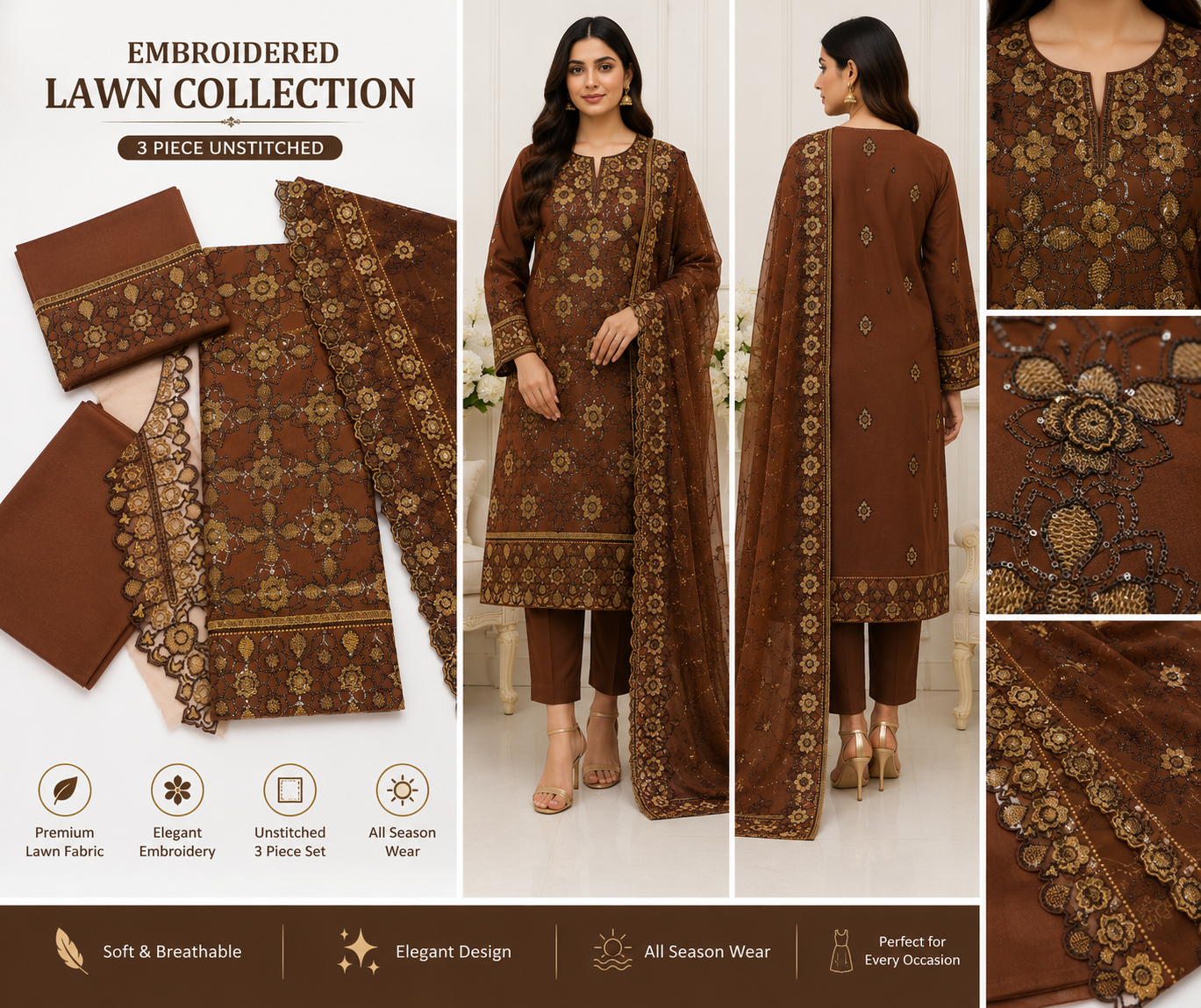 Elegant 3-piece embroidered lawn suit featuring premium fabric, detailed embroidery, and a matching dupatta