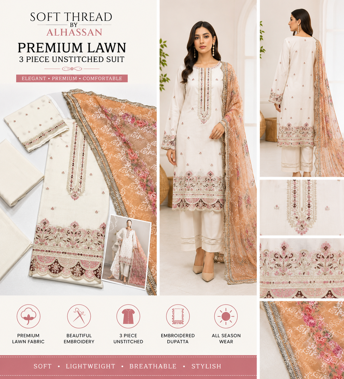 Elegant 3-piece embroidered lawn suit featuring premium fabric, detailed embroidery, and a matching dupatta