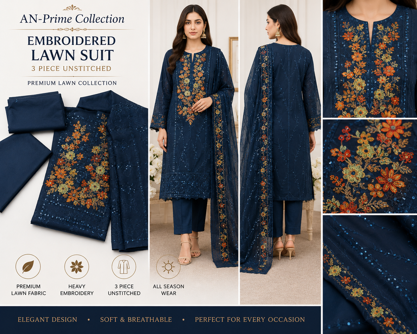 Elegant 3-piece embroidered lawn suit featuring premium fabric, detailed embroidery, and a matching dupatta