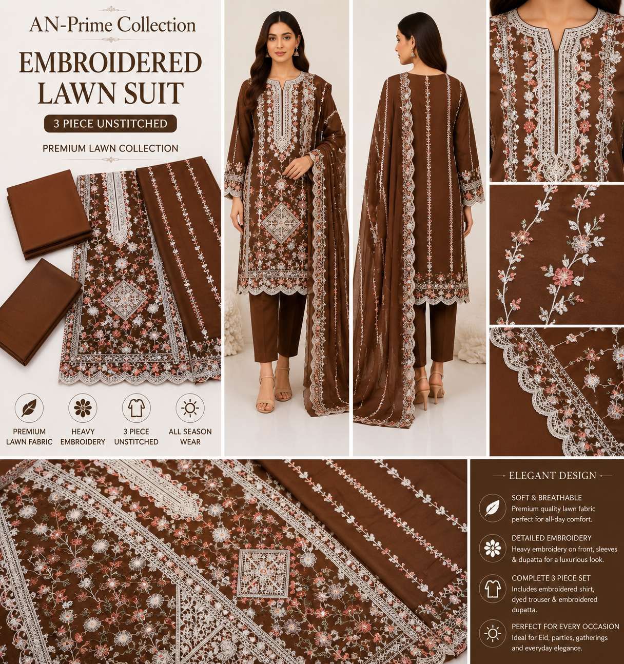 Elegant 3-piece embroidered lawn suit featuring premium fabric, detailed embroidery, and a matching dupatta