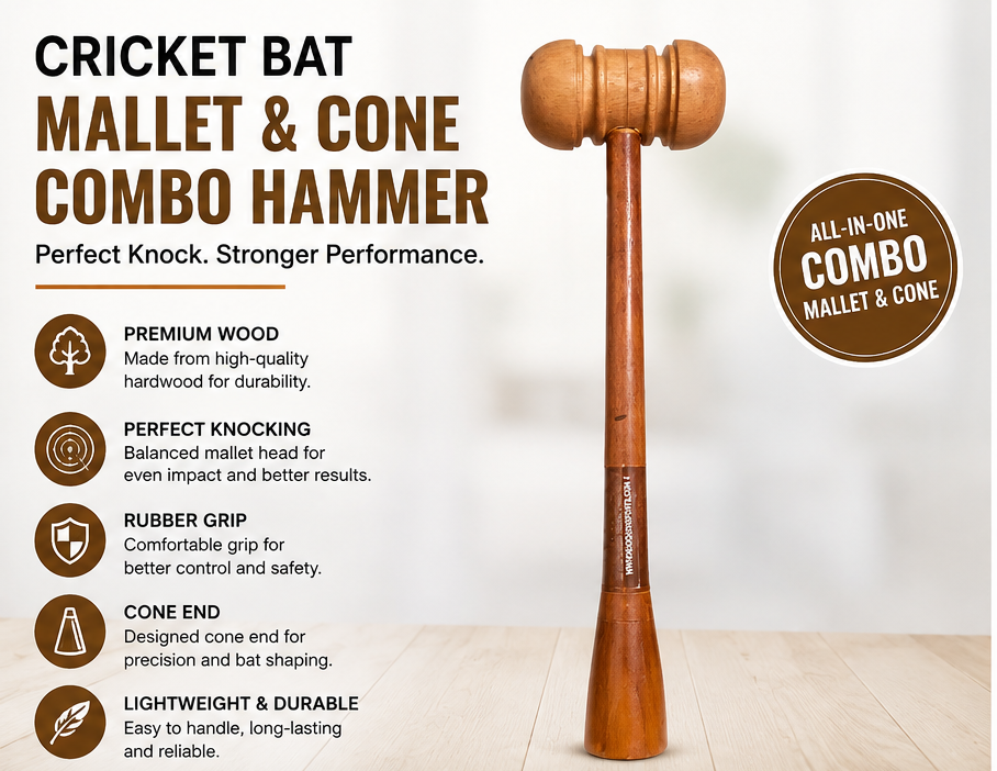 Cricket Bat Mallet & Cone Combo Hammer – Wooden Knocking Tool with Rubber Grip for Bat Preparation