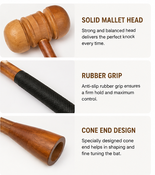 Cricket Bat Mallet & Cone Combo Hammer – Wooden Knocking Tool with Rubber Grip for Bat Preparation