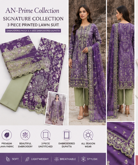 Elegant 3-piece embroidered lawn suit featuring premium fabric, detailed embroidery, and a matching dupatta