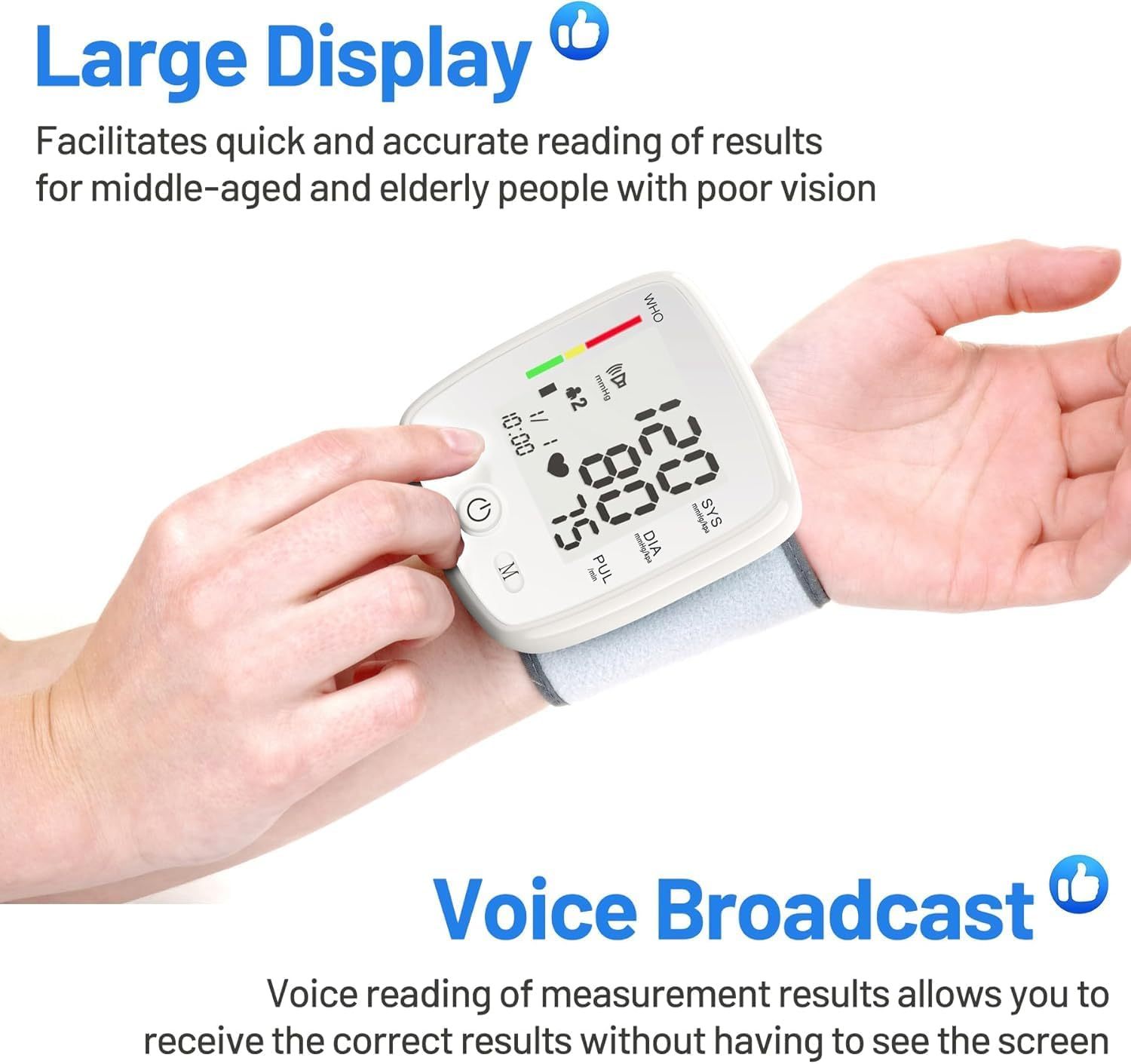 Wrist Blood Pressure Monitor Adjustable Automatic Wrist Cuff Voice Broadcast With 2 Users 180 Memory, Rechargeable Blood Pressure Monitors