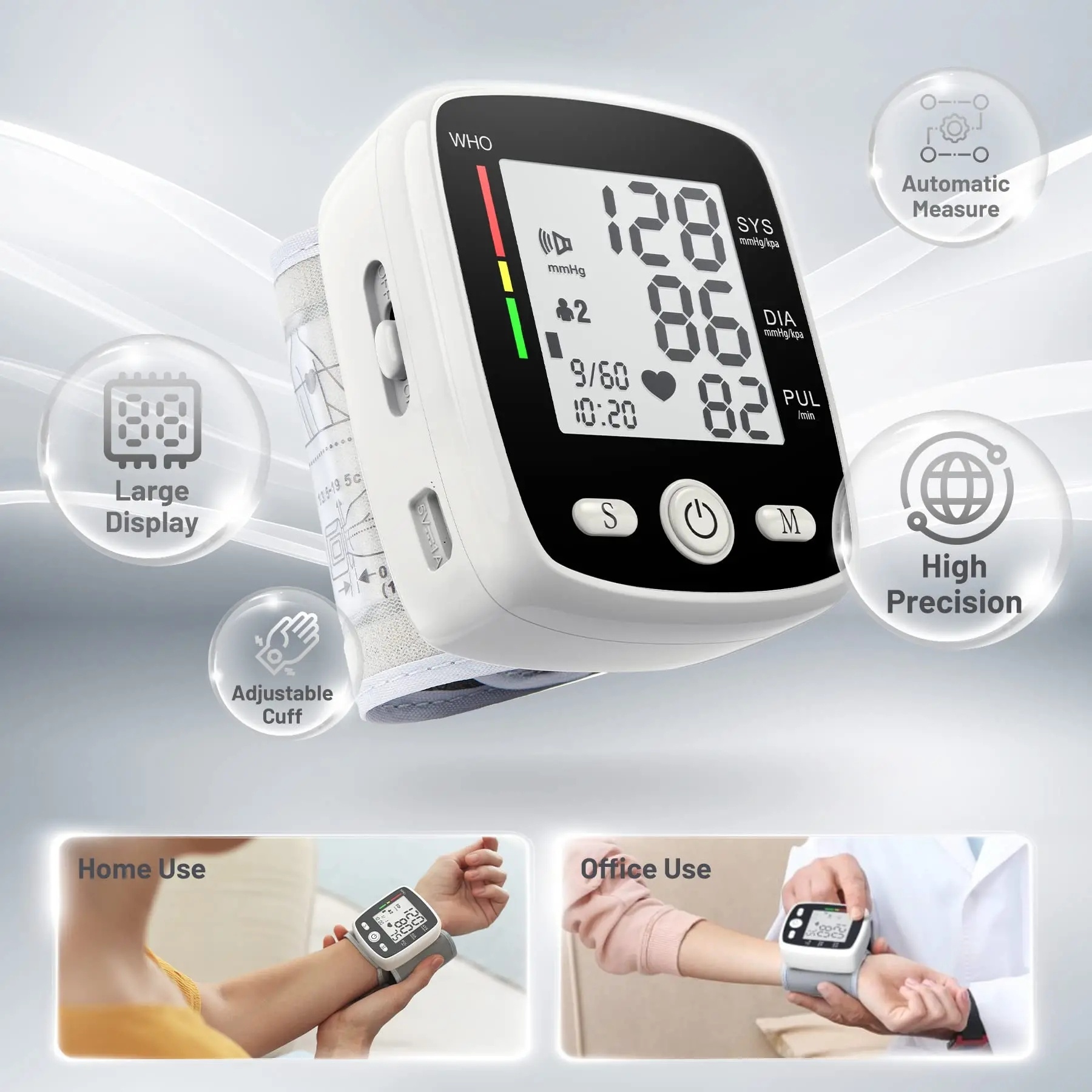 Wrist Blood Pressure Monitor Adjustable Automatic Wrist Cuff Voice Broadcast With 2 Users 180 Memory, Rechargeable Blood Pressure Monitors