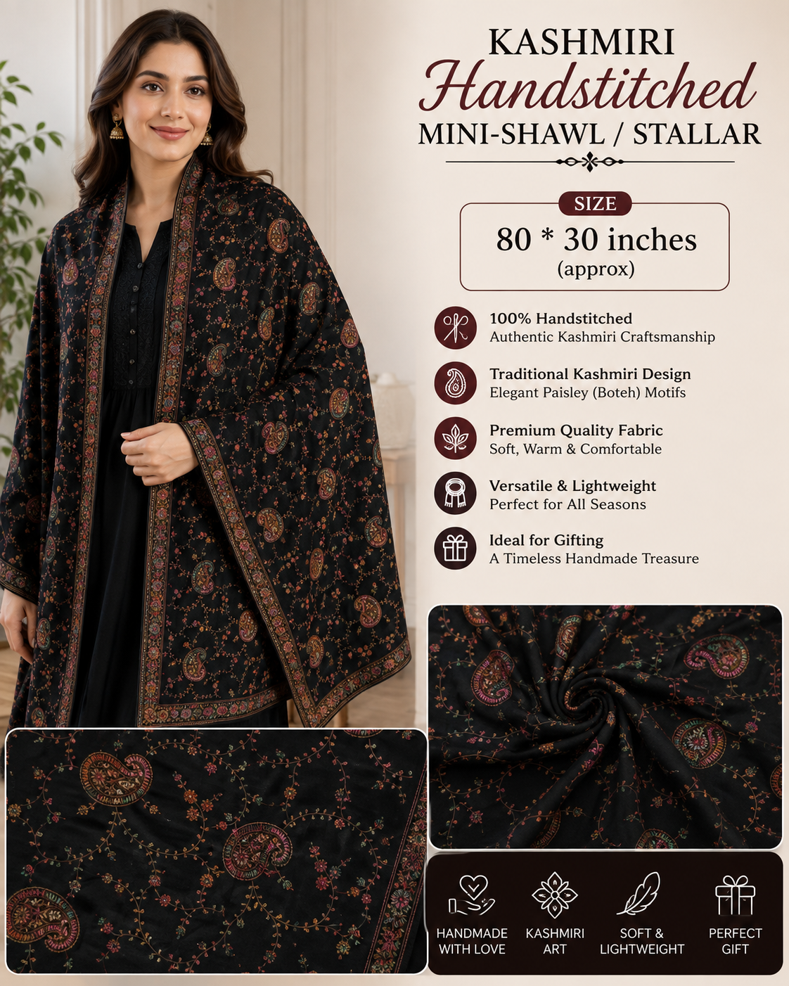 Elegant Handmade Kashmiri Embroidered Mini-Shawl/Stallar - 80 × 30 Inches