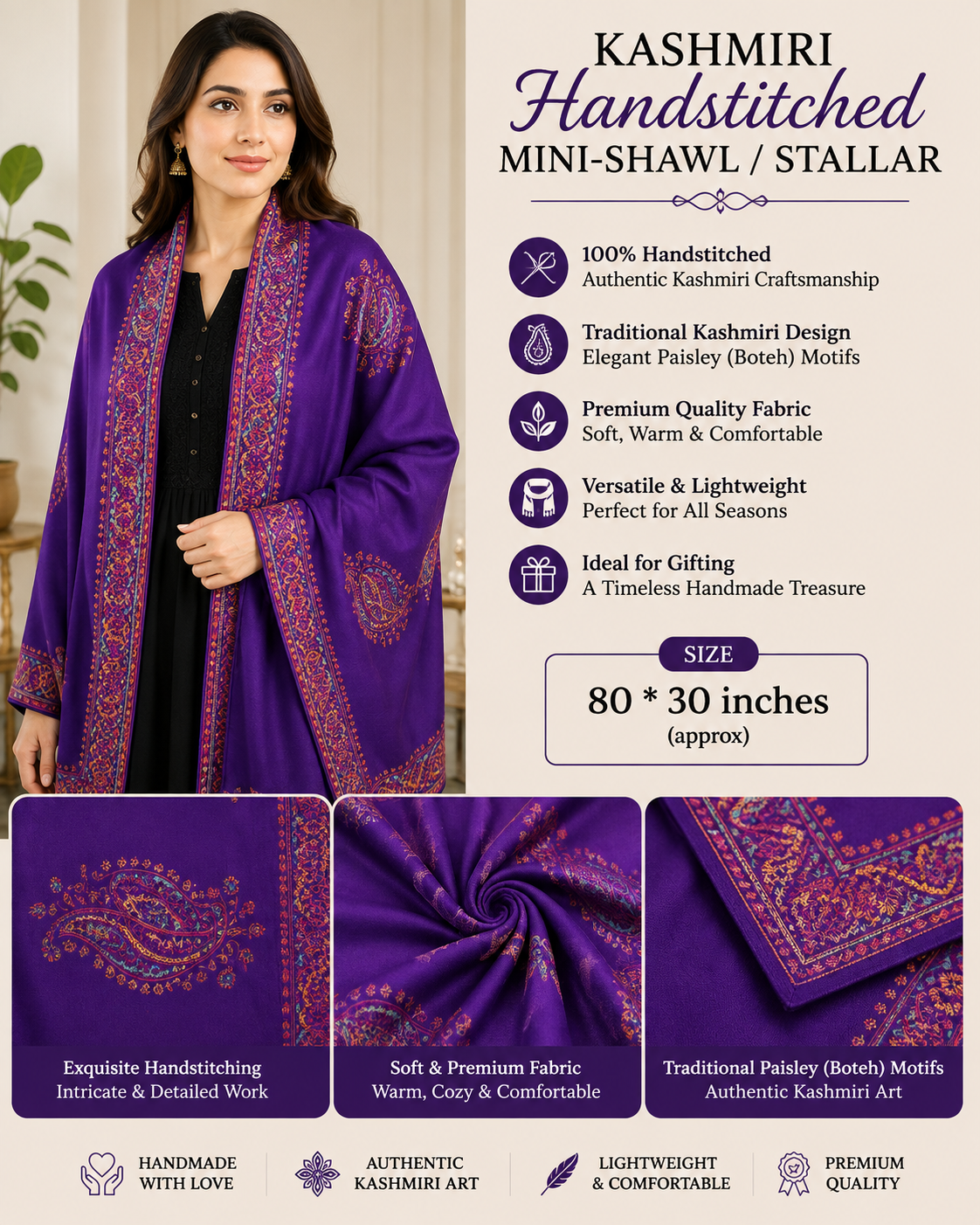 Elegant Handmade Kashmiri Embroidered Mini-Shawl/Stallar - 80 × 30 Inches