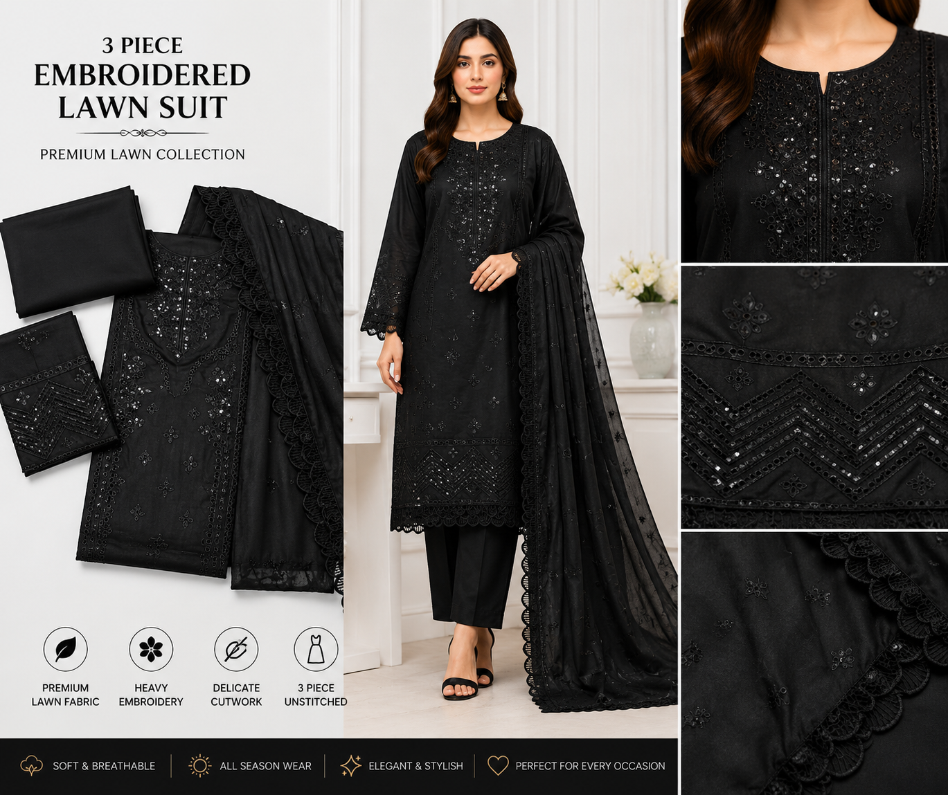 Pakistani Designer Lawn 3PCS Unstitched Embroidered Women Dresses