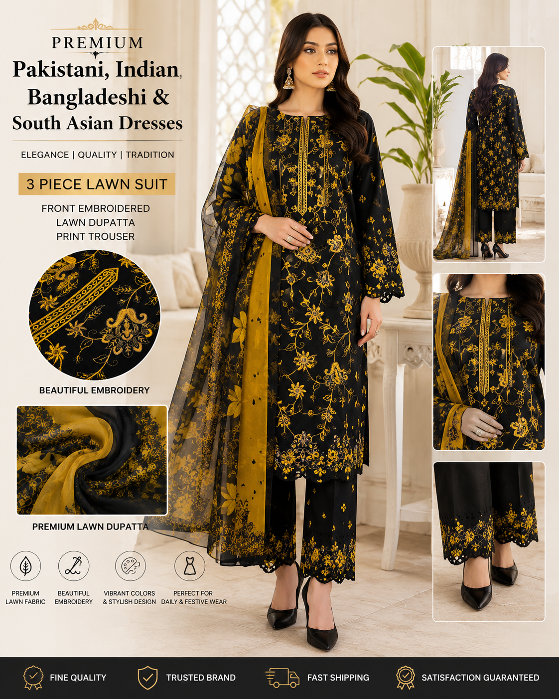 Pakistani Designer Lawn 3PCS Unstitched Embroidered Women Dresses