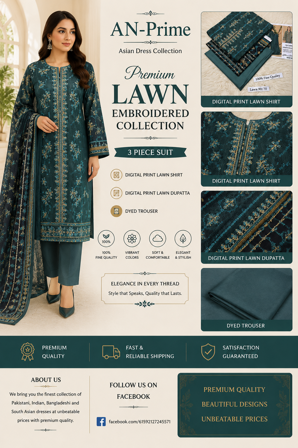 Pakistani Designer Lawn 3PCS Unstitched Embroidered Women Dresses