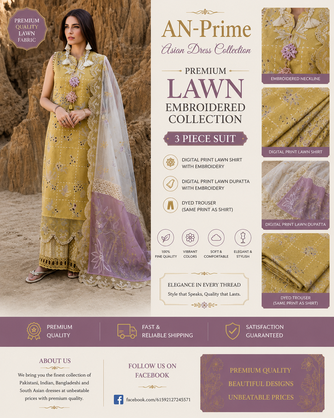 Pakistani Designer Lawn 3PCS Unstitched Embroidered Women Dresses