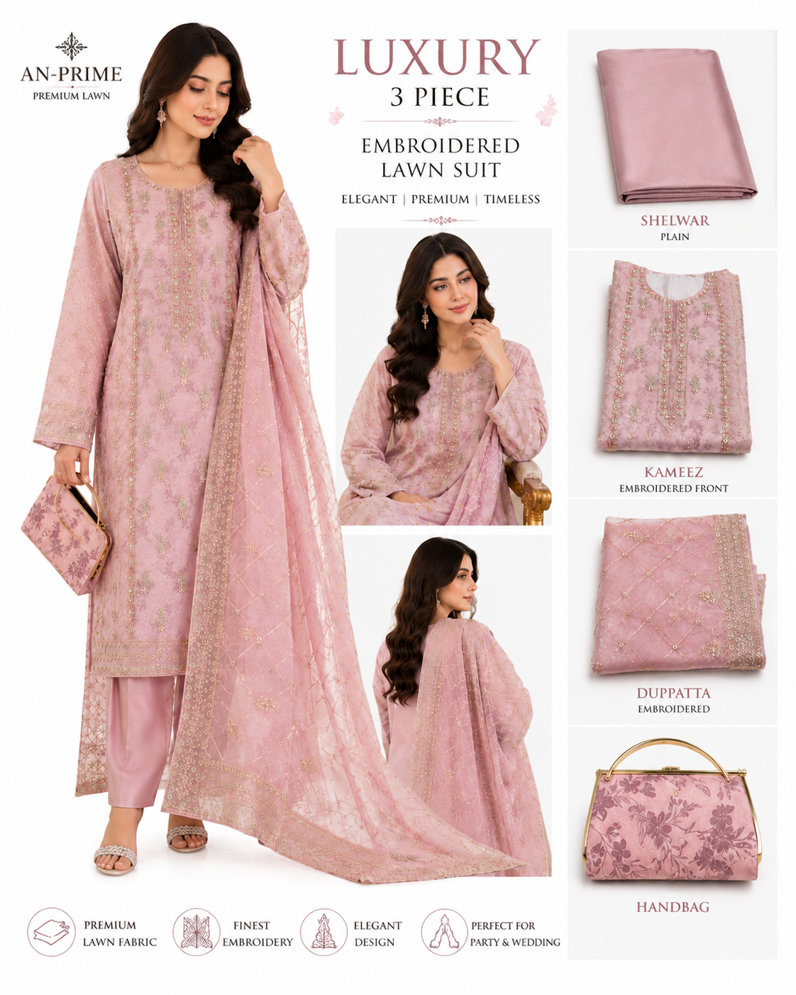 Premium Luxury 4PCS Pakistani Unstitched Dresses | Heavy Embroidered Party & Wedding Collection with Hand Bags